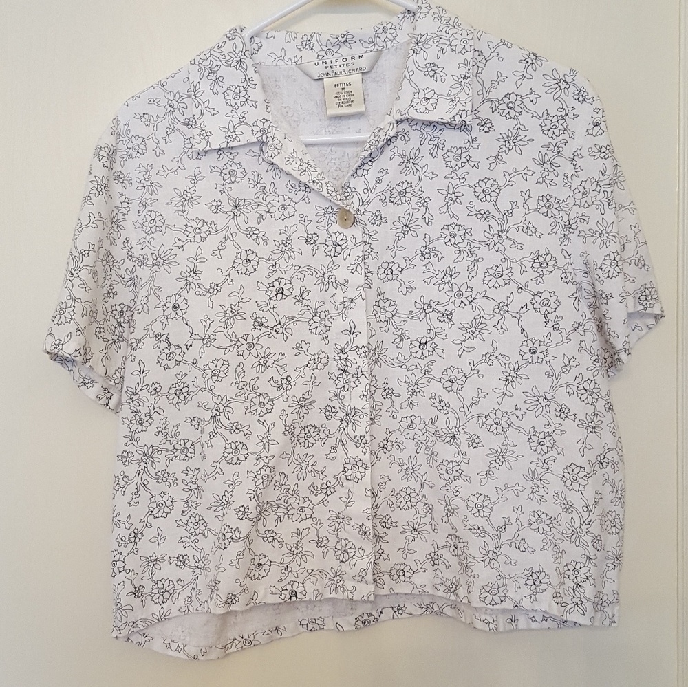 Uniform linen white short shirt black floral PM